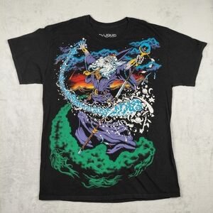 Liquid Blue Wizard Print Front and Back on Black Tee, Large